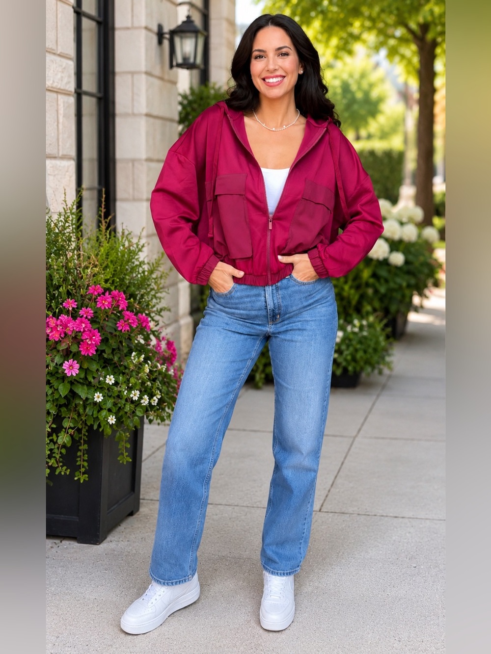 Zenana Utility Jacket Large Front Patch Pockets Scuba Hoodie Zip Front Size L